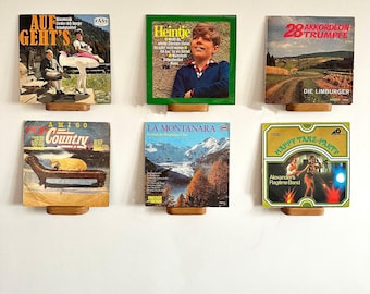 Vintage Vinyl Record Wall Art – Retro LP Covers, Wood Shelves, Set of 6