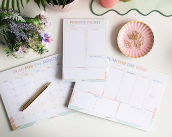 Daily, Weekly, Monthly Planner Set, Soft Pastel Desk Pads