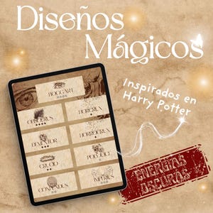 Puede incluir: Una tableta digital muestra un diseño inspirado en Harry Potter, con las palabras "Diseños Mágicos" e "Inspirados en Harry Potter". La tableta muestra varios símbolos y texto, incluyendo "Energías Oscuras."
