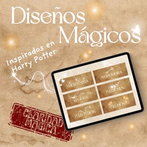 Puede incluir: Una tableta digital muestra seis diseños inspirados en hechizos de Harry Potter, incluyendo "Alohomora" y "Patronus". La imagen presenta el texto "Diseños Mágicos" y "Clariadad Magica" sobre un fondo texturizado en tonos sepia.