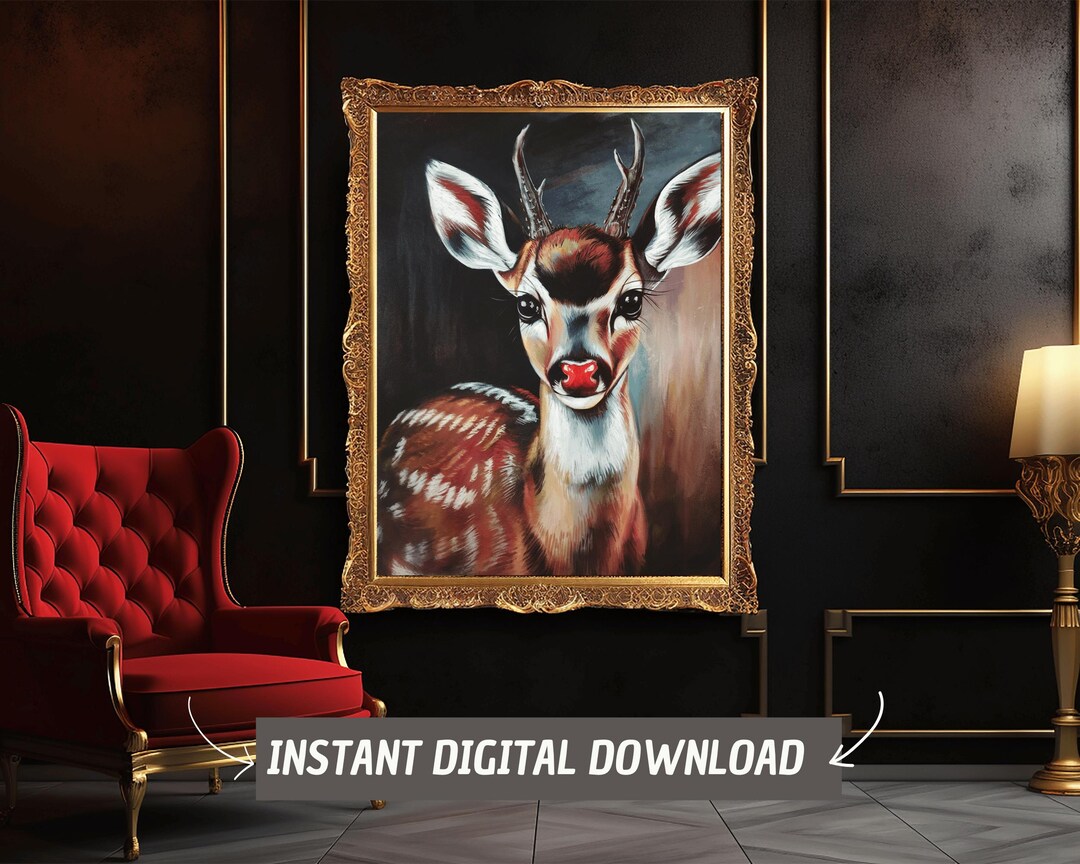 Rudolph Painting Reindeer Cute Print, Whimsical Deer Christmas, Red