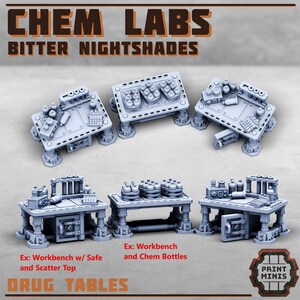 K&ouml;nnte beinhalten: Eine Sammlung grauer Miniatur-Drogentische mit verschiedenen Laborger&auml;ten, darunter Flaschen und Maschinen. Der Text "CHEM LABS BITTER NIGHTSHADES" steht oben und "DRUG TABLES" unten. Die Tische sind mit "Workbench w/ Safe and Scatter Top" und "Workbench and Chem Bottles" beschriftet.