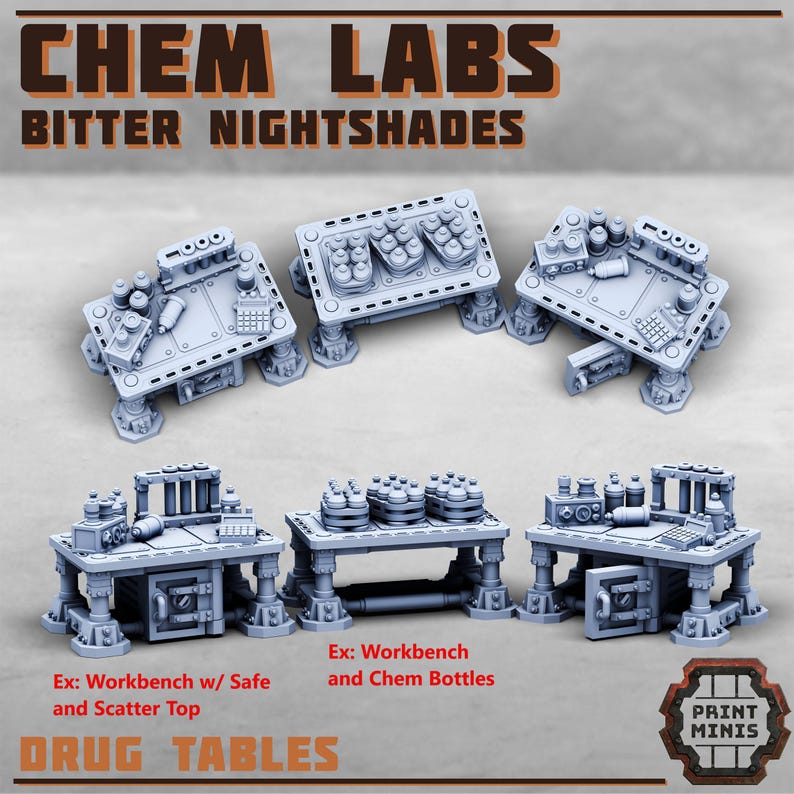 K&ouml;nnte beinhalten: Eine Sammlung grauer Miniatur-Drogentische mit verschiedenen Laborger&auml;ten, darunter Flaschen und Maschinen. Der Text "CHEM LABS BITTER NIGHTSHADES" steht oben und "DRUG TABLES" unten. Die Tische sind mit "Workbench w/ Safe and Scatter Top" und "Workbench and Chem Bottles" beschriftet.