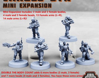 Könnte beinhalten: Unbemalte Miniaturfiguren aus dem Vaross Syn Mini Expansion Set. Das Bild zeigt sechs graue Figuren auf kreisförmigen Sockeln. Der Text auf dem Bild gibt an, dass das Set männliche und weibliche Körper, Köpfe und Arme enthält.