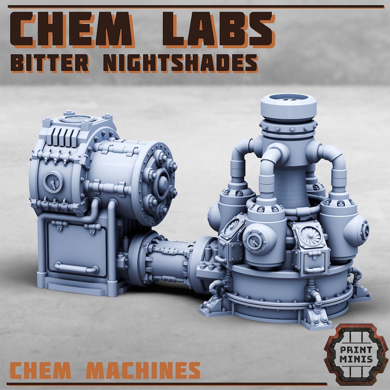 K&ouml;nnte beinhalten: Ein hellgraues Chem Labs Bitter Nightshades Chem Machines Modell. Das Modell weist komplizierte mechanische Details auf, darunter Rohre, Tanks und kreisf&ouml;rmige Komponenten. Der Text "CHEM LABS" und "BITTER NIGHTSHADES" steht oben, und "CHEM MACHINES" steht unten.