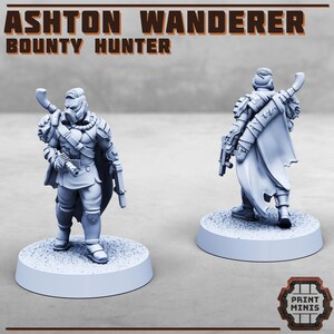 May include: Two light gray miniature figurines of a bounty hunter, one facing forward and the other from the back. The figurines are on circular bases. The text "ASHTON WANDERER BOUNTY HUNTER" is at the top of the image.