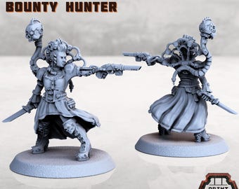 May include: Two gray miniature figures of a female bounty hunter, Cressida, holding a sword and a futuristic gun. The figures are on round bases. The text "CRESSIDA BOUNTY HUNTER" is at the top of the image.
