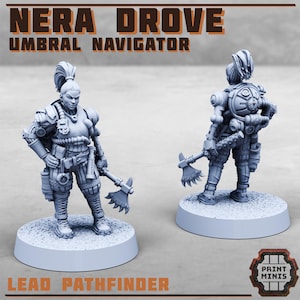 May include: Two gray miniature figures of a female warrior, one facing forward and the other from the back. The figures are on circular bases and hold axes. The text "NERA DROVE UMBRAL NAVIGATOR" and "LEAD PATHFINDER" are visible.