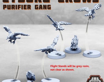 May include: Miniature Cyborg Crows figurines in various poses, including flying and standing, with clear flight stands. The text "CYBORG CROWS PURIFIER GANG" is displayed at the top. The text "Flight Stands will be grey resin, not clear as shown" is displayed at the bottom.