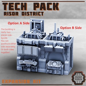 May include: A light gray Tech Pack expansion kit for the Risor District. The kit includes two side-by-side building pieces, Option A and Option B, with detailed panels, screens, and mechanical elements. The text on the image says "Expansion Kit".
