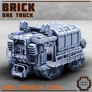 May include: A light gray model of an Ore Truck with the text "BRICK ORE TRUCK" at the top. The model has a detailed, industrial design with tracks, pipes, and a loading platform. The text "IRON BRAWLER GANG" is at the bottom.