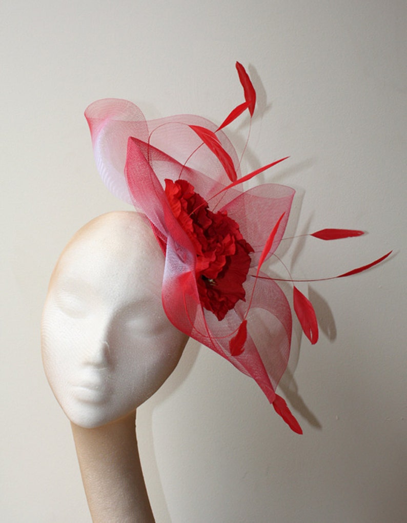 Poppy red fascinator with crin and feathers Great headpiece | Etsy
