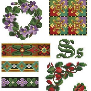 Collection of small vintage designs, borders and wreaths antique digital cross stitch pattern