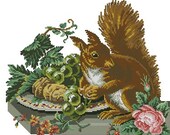Squirrel with grapes antique digital cross stitch pattern for wool berlinwork