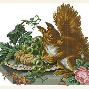 May include: A cross-stitch pattern featuring a brown squirrel with a white chest, positioned next to a plate of green grapes and vine leaves. The design includes a pink rose at the base and small orange flowers, all rendered in a pixelated grid style.