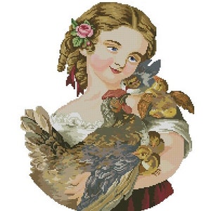 Girl with chickens vintage digital cross stitch pattern or Berlinwork