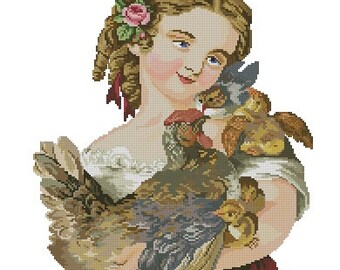 Girl with chickens vintage digital cross stitch pattern or Berlinwork