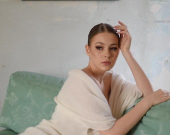 Hand Knit Mohair Silk Bridal Shawl, Ivory Wedding Cover Up