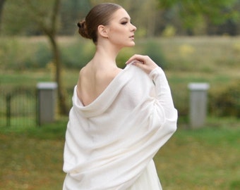 WHITE Bridal shawl, 3 COLORS Wedding shawl for bride,  Knitted bridal cover up, White wedding shawl with long sleeves