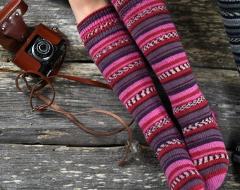 Hand Knit Wool Knee High Socks, Pink Striped Leg Warmers