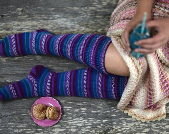 Hand Knit Wool Leg Warmers, Striped Boot Socks