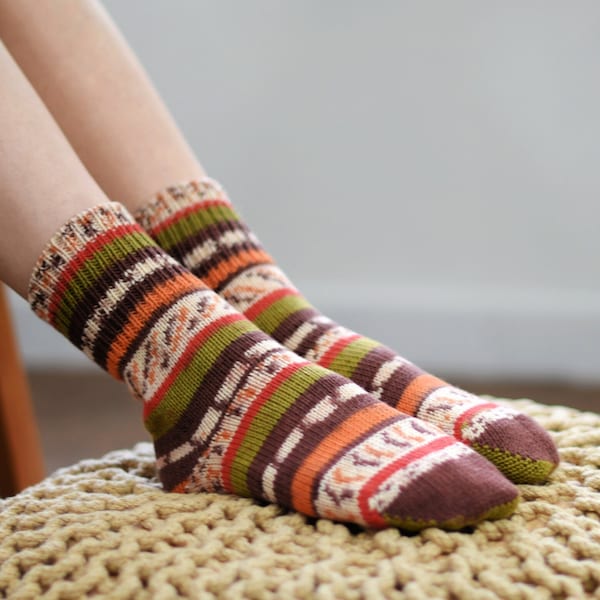 Hand Knitted Wool Socks, Warm Fair Isle Leg Warmers
