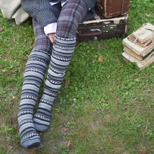 Knee high socks birthday gift for women, Grey personalized socks, Striped wool leg warmers, Best friend gifts long distance, Cool boot socks