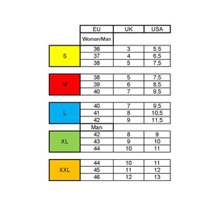 May include: Shoe size conversion chart for women and men, with EU, UK, and USA sizes. Sizes range from S to XXL, with corresponding EU sizes from 36 to 46, UK sizes from 3 to 12, and USA sizes from 5.5 to 13.