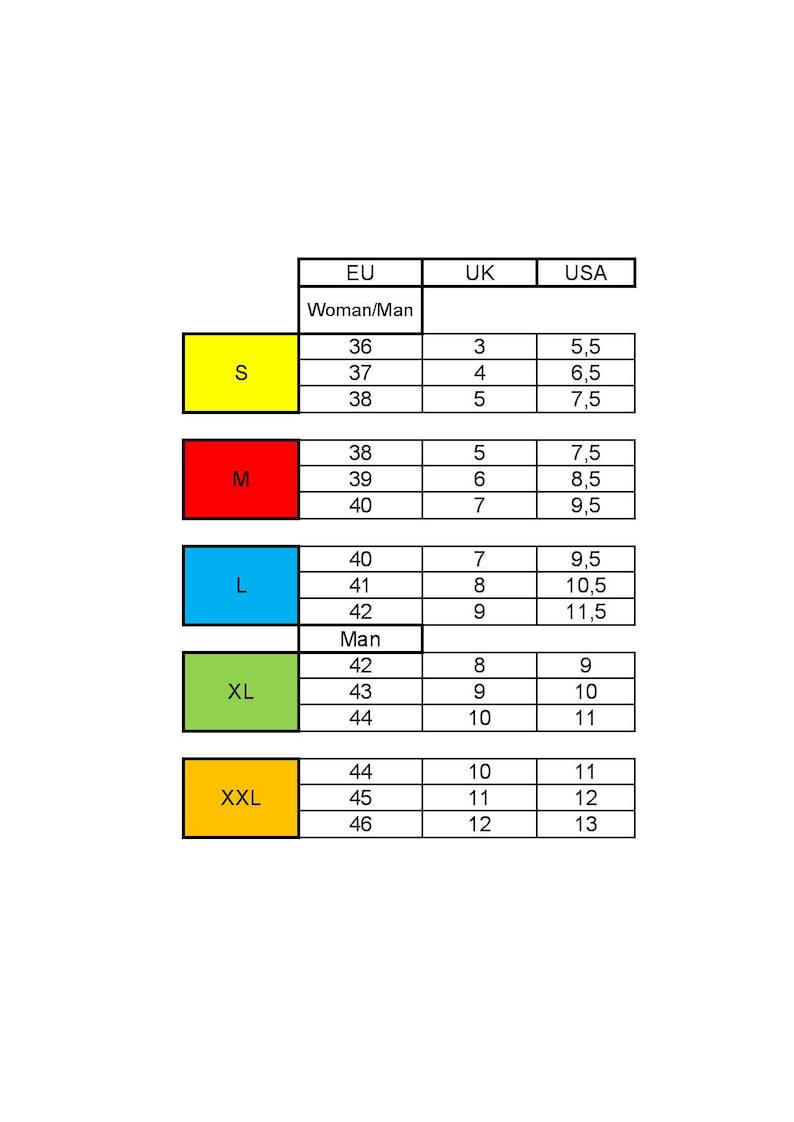 May include: Shoe size conversion chart for women and men, with EU, UK, and USA sizes. Sizes range from S to XXL, with corresponding EU sizes from 36 to 46, UK sizes from 3 to 12, and USA sizes from 5.5 to 13.