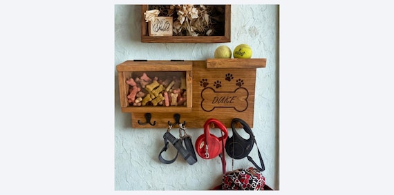 Personalized Dog Walking Station with Treat Holder. Hold leashes, Dog Toys, Dog harness, Dog Collars and storage area for poop bags or Toys