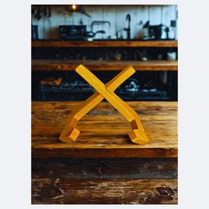 Pode incluir: Um suporte de madeira para livros de receitas em um tom amarelo quente, feito em forma de X. O suporte está posicionado em uma superfície de madeira rústica, com um fundo de cozinha desfocado. Projetado para segurar livros de receitas.