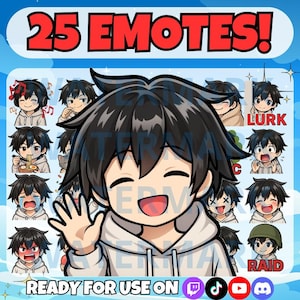 Twitch Emotes, Chibi Boy Emote, Discord Emotes, Cute Emotes, Chibi Emotes, YouTube Emotes, Boy Emotes, Emote Pack, Black Haired Boy Emotes