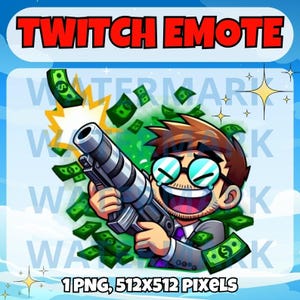 Shooting money twitch emote - funny emote for Twitch Discord Youtube Kick Streams - Funny money emote - Shooting dollars meme emote graphic