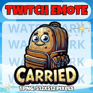 May include: A cartoon illustration of a brown potato wearing a brown backpack with the word "CARRIED" in yellow letters. The potato has a smiling face with big eyes. The image is a Twitch emote.