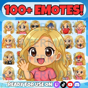 Può includere: Una collezione di emote di cartoni animati con un personaggio biondo con varie espressioni. L'immagine include il testo "100+ EMOTES!" e "READY FOR USE ON" con icone di social media.