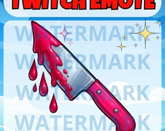 May include: A bloody knife with a pink handle. The knife is dripping blood and has a silver blade. The image is a Twitch emote.