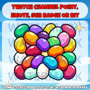 May include: A pile of colourful jelly beans in various sizes. The jelly beans are arranged in a square shape. The image is a digital illustration.