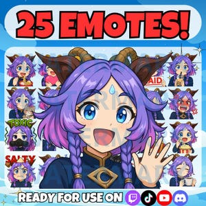 以下が含まれることがあります： 紫色の髪と青い目の漫画のキャラクターが、25個の絵文字に囲まれたデジタルアート。キャラクターは角があり、濃い青色の衣装を着ています。上部には「25 EMOTES！」、下部にはソーシャルメディアのアイコンとともに「READY FOR USE ON」と書かれています。