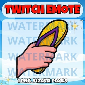 May include: A cartoon hand holding a yellow flip-flop with a purple strap. The hand is pink and has white outlines. The background is a blue sky with white clouds.