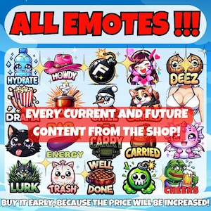 Every Emote in the store / Twitch emotes / Youtube emotes / TikTok emotes / Instagram emotes / Stream emotes / SALE!! / Cheap emotes for you