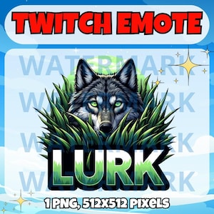 May include: A green wolf with green eyes peeks out from behind green grass. The word "Lurk" is written in green letters with a green and white mountain design. The text "1 PNG, 512X512 PIXELS" is below the image.