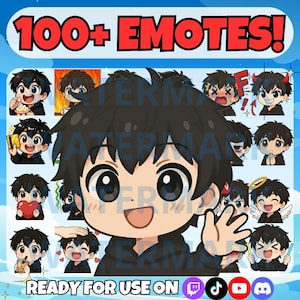 May include: A digital art graphic featuring a cartoon character with black hair and various expressions. The image includes the text "100+ EMOTES!" and "READY FOR USE ON" with social media icons. The character is shown with different emotions.