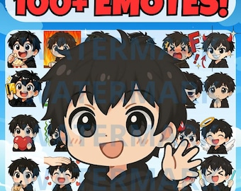 Twitch-emotes, chibi-emotes jongens, Discord-emotes, schattige emotes, chibi-emotes, YouTube-emotes, jongensemotes, emotepakket, zwartharige jongensemotes