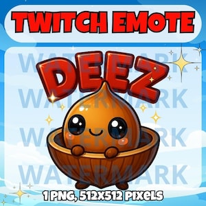 May include: A digital graphic for a Twitch emote featuring a cartoonish, smiling, brown onion character in a wooden bowl, with the word "DEEZ" in red letters above. The text "TWITCH EMOTE" is at the top.