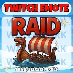 May include: A red cartoon word "RAID" with a Viking ship sailing on blue water. The ship has a red and white striped sail and a dragon head on the bow. The image is a Twitch emote.
