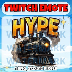 May include: A Twitch emote featuring a cartoon train with the word "HYPE" in yellow letters above it. The train is black and has smoke coming from the chimney. The background is a blue sky with white clouds.