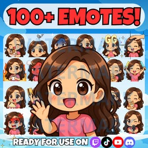 Puede incluir: Gráfico digital con una chica de dibujos animados y múltiples emoticonos. El texto dice "100+ EMOTES!" y "READY FOR USE ON". Los emoticonos muestran diversas expresiones y acciones, aptos para plataformas en línea.