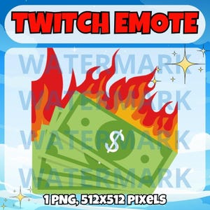 Burning money twitch emote - funny emote for Twitch Discord Youtube Kick Streams - Funny money emote - Burning money rich meme emote graphic