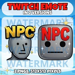 Può includere: Grafica digitale con due versioni di un'emote di Twitch. Una è una testa grigia con le lettere "NPC" in oro. L'altra è un quadrato grigio con le lettere "NPC" in rosso. Il testo "Twitch Emote in 2 Versions" è in alto.