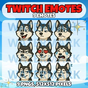 Cartoon dark husky twitch emote set with 9 emotes - cute emote for Twitch Discord Youtube Tiktok Streams - kawaii grey husky twitch emotes